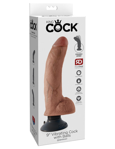 King Cock 9" Vibrating Cock with Balls - Tan