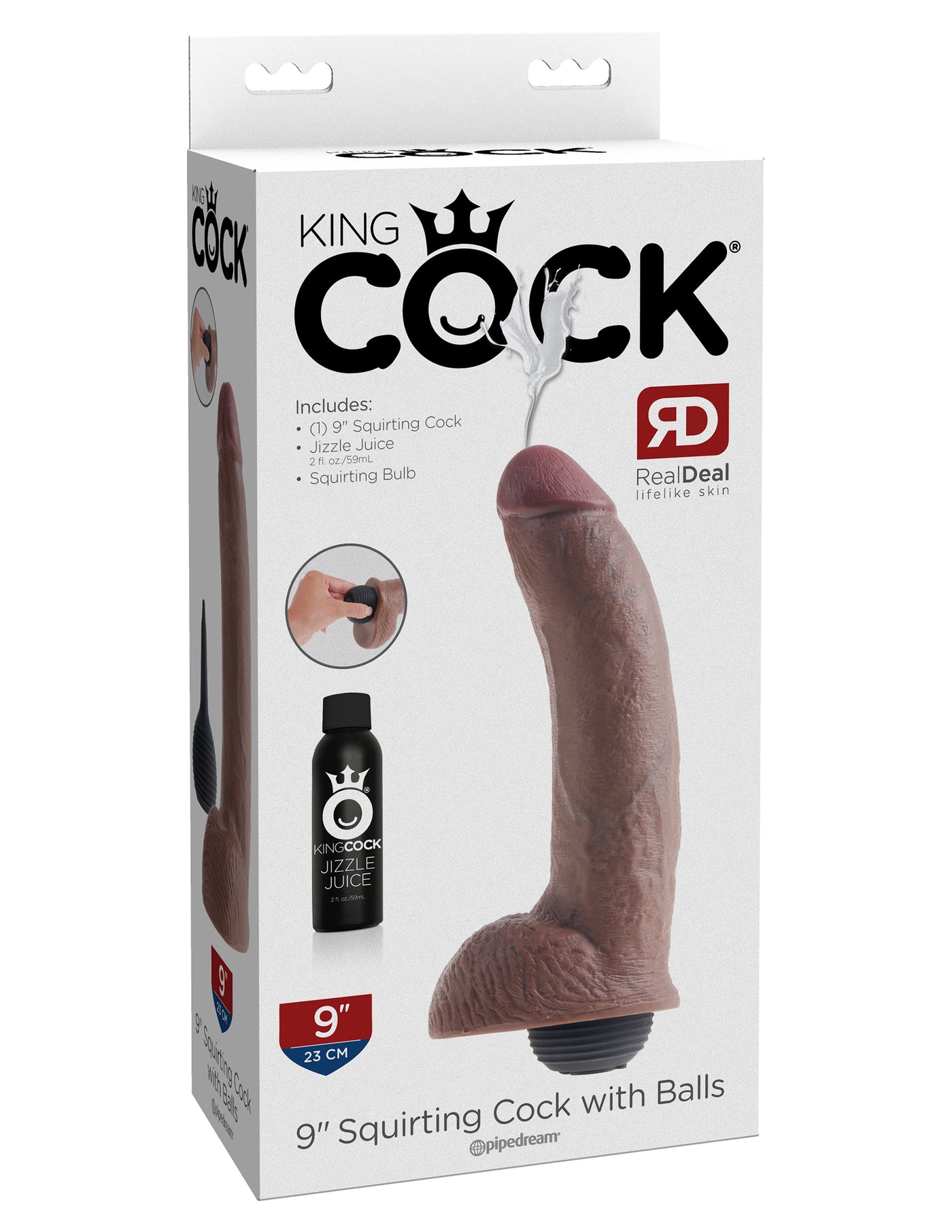 King Cock 9" Squirting Cock with Balls - Brown