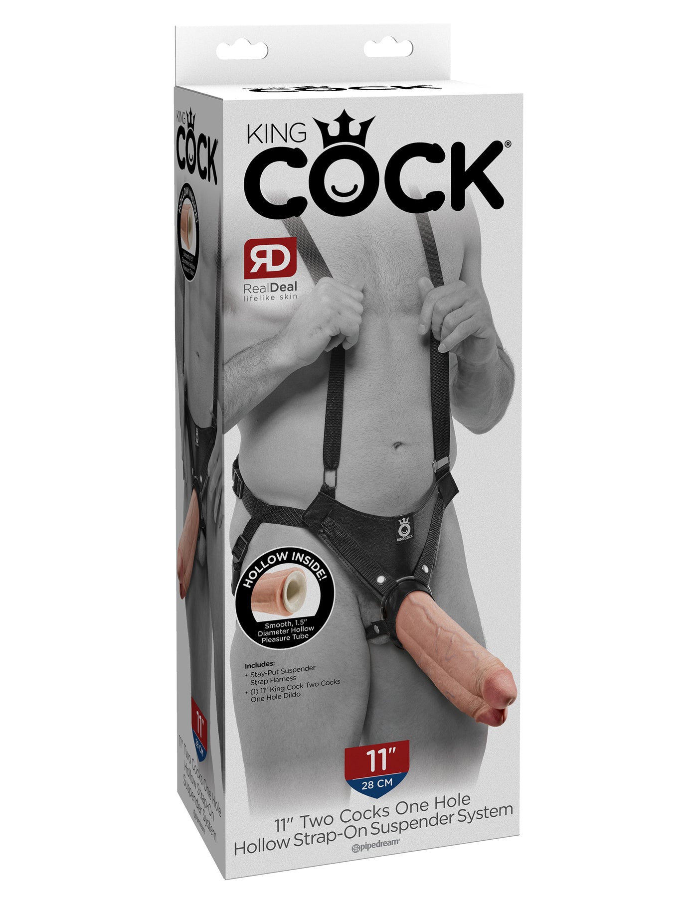 King Cock 11" Two Cocks One Hole Hollow Strap on Suspender System - Light/Black