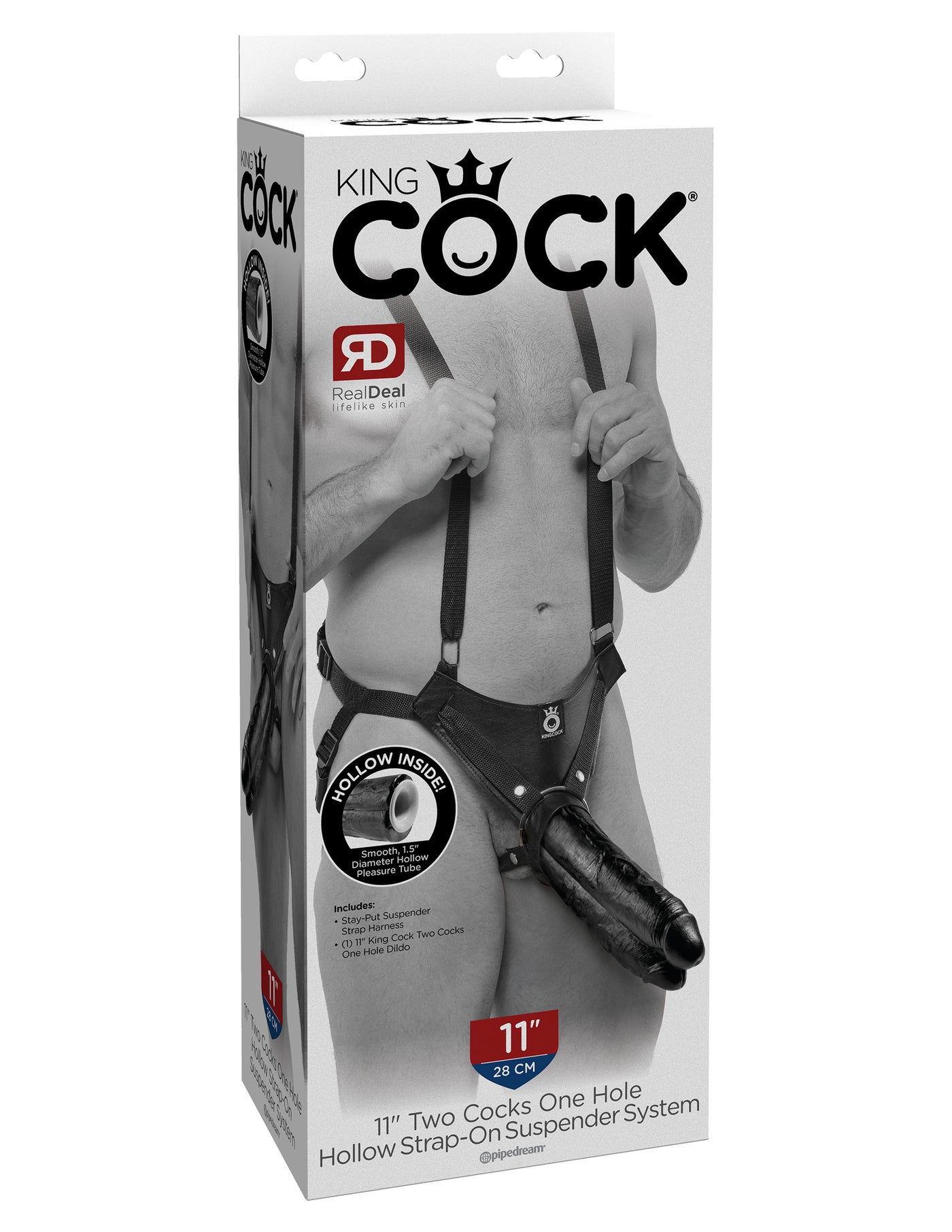 King Cock 11" Two Cocks One Hole Hollow Strap on Suspender System - Black