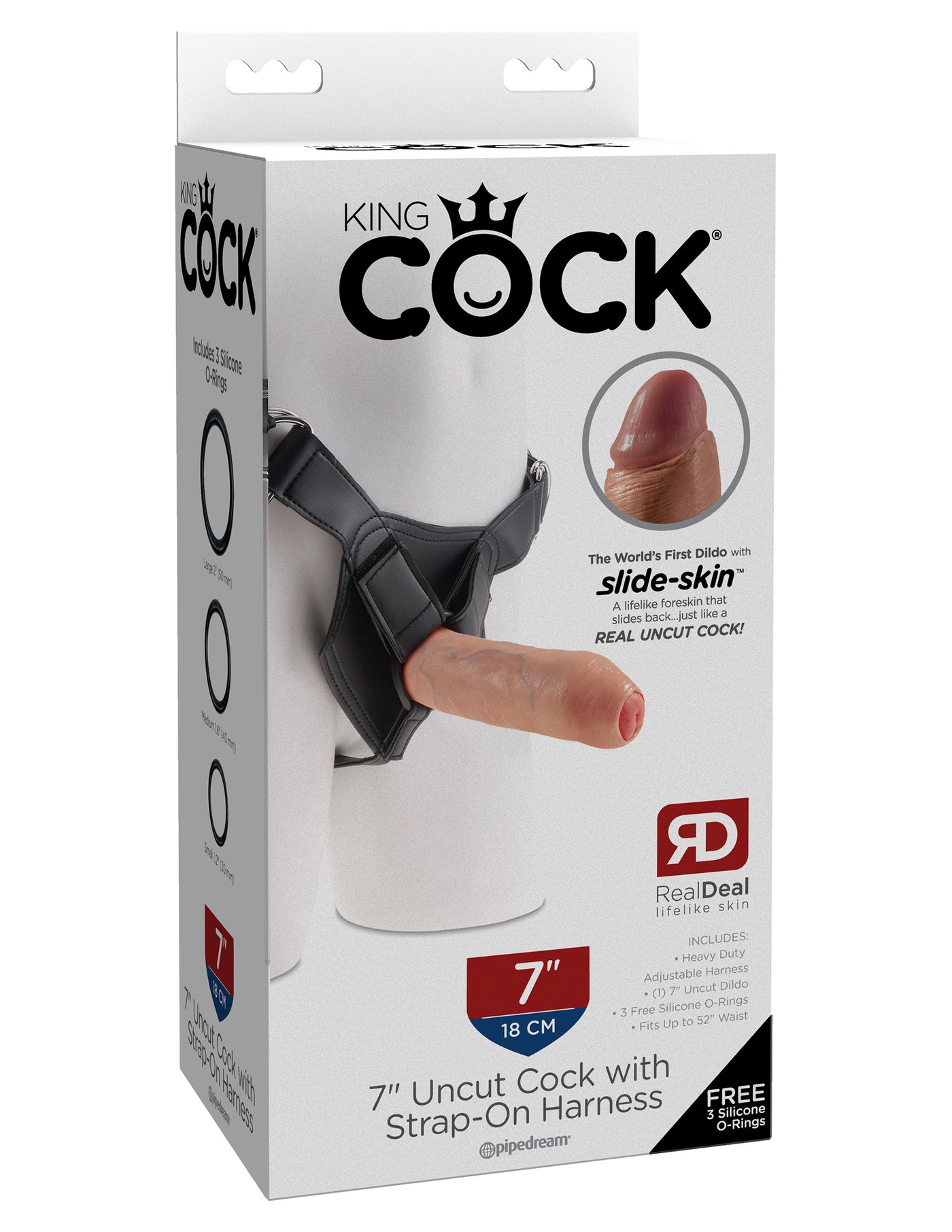 King Cock 7" Uncut with Strap on Harness - Light